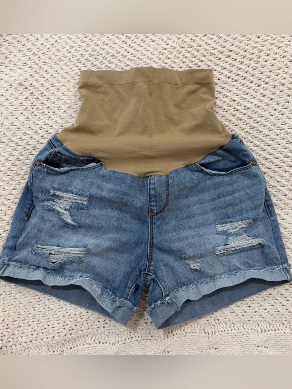 Maternity Distressed Light Blue Jean Shorts with Olive Support Panel